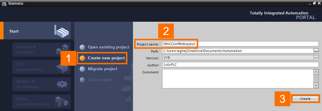 Figure 2.1: WinCC Unified screen layout - Creating a new project