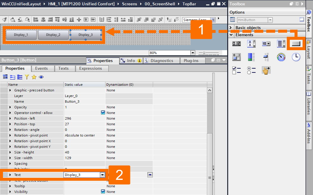 Figure 2.8: WinCC Unified screen layout - Adding navigation buttons