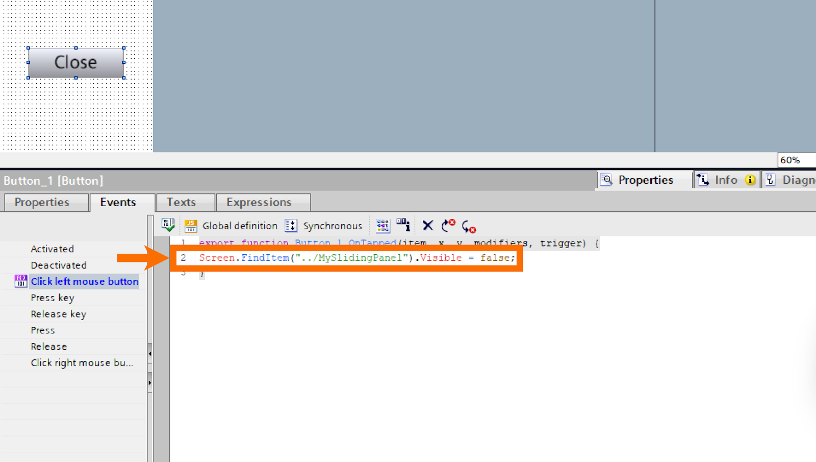 Figure 5.5: WinCC Unified sliding panels - Using FindIem() to conceal the sliding panel