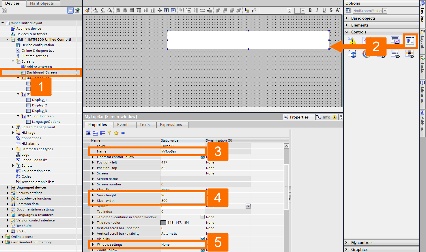 Figure 2.11: WinCC Unified screen layout - Customizing header screen window in the main screen