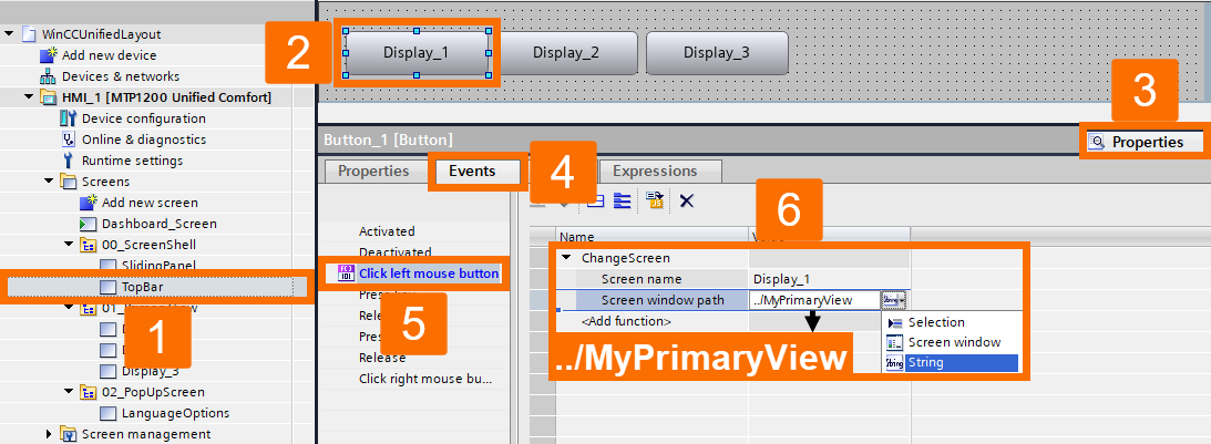 Figure 3.1: WinCC Unified navigation - Setting up the ChangeScreen function for the Display_1 button