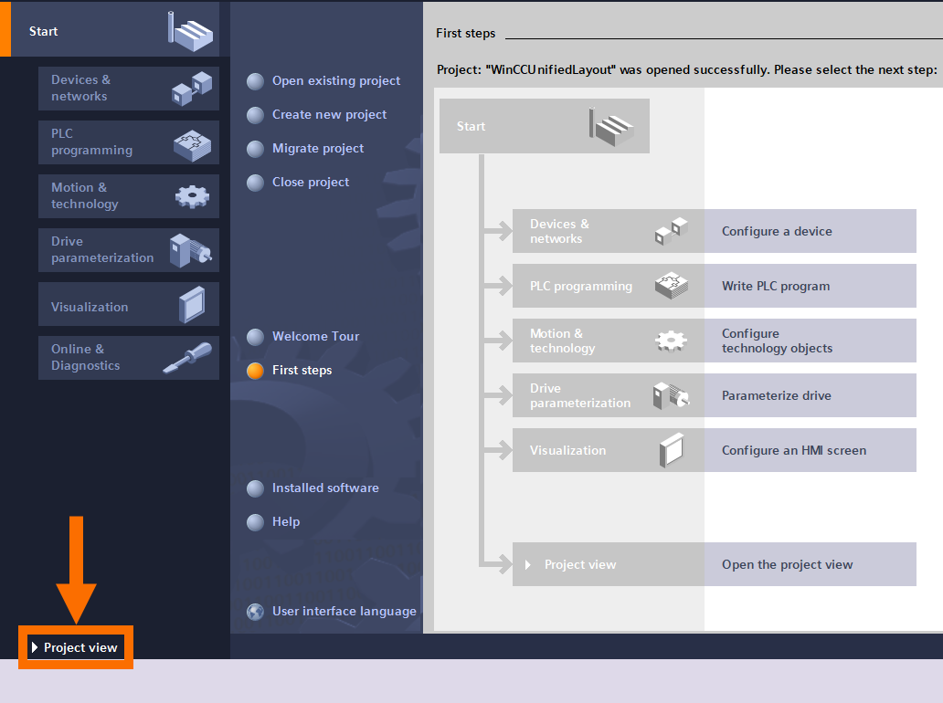 Figure 2.2: WinCC Unified screen layout - Switching to the project view