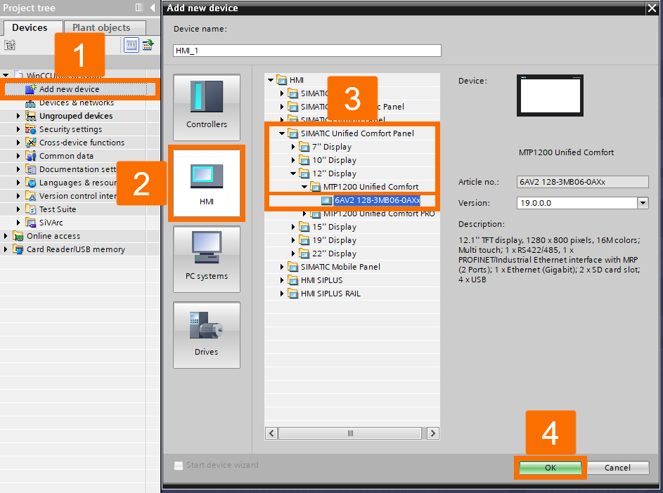 Figure 2.3: WinCC Unified screen layout - Adding Unified HMI hardware to the project
