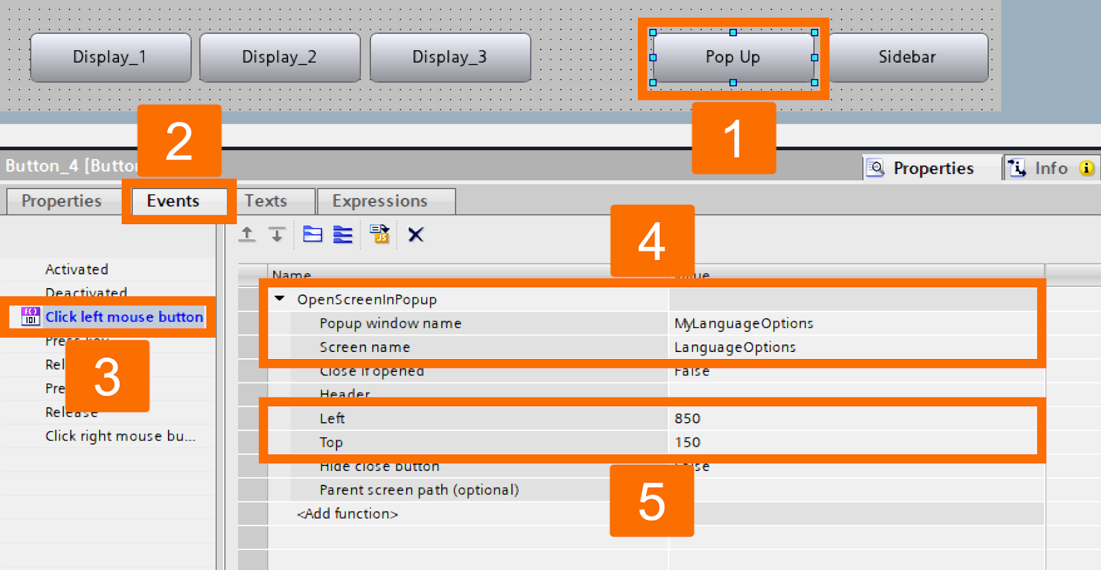 Figure 4.3: WinCC Unified pop-ups - Customizing pop-up button