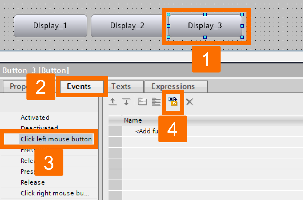 Figure 3.3: WinCC Unified navigation - Configuring Display_3 button with JS code for screen switching