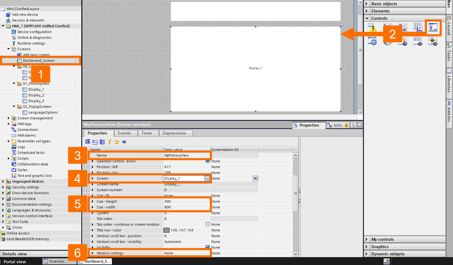 Figure 2.13: WinCC Unified screen layout - Customizing content screen window in the main screen