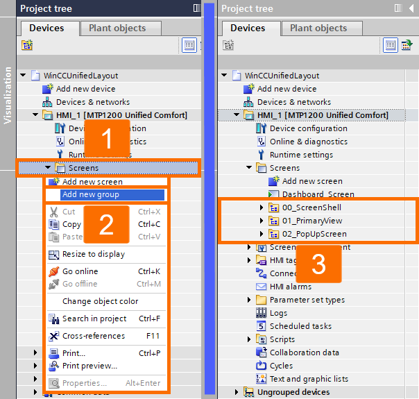Figure 2.5: WinCC Unified screen layout - Adding screen groups