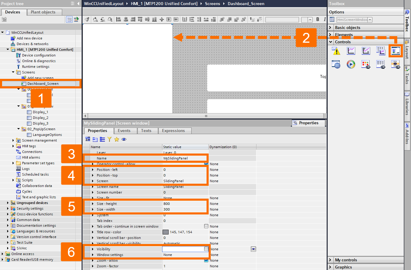 Figure 5.1: WinCC Unified sliding panels - Customizing sliding panel screen window in the main screen