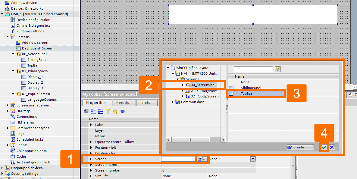 Figure 2.12: WinCC Unified screen layout - Assigning TopBar to header screen window