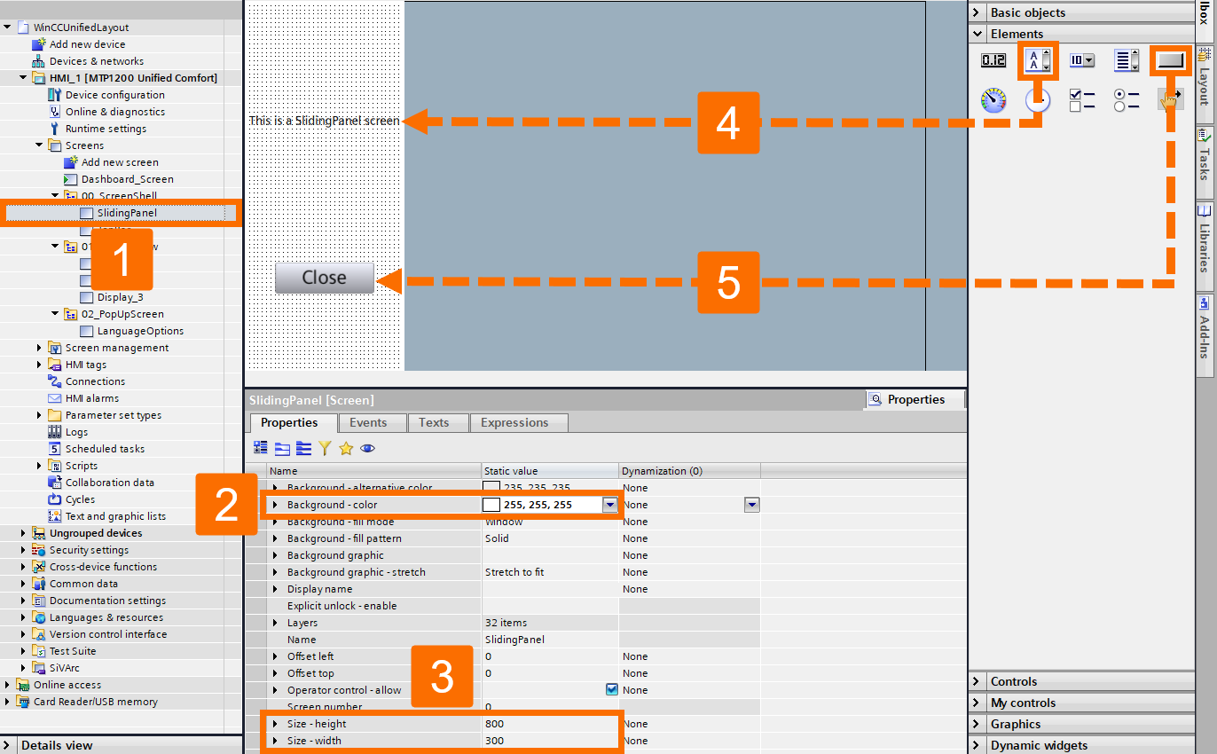 Figure 5.4: WinCC Unified sliding panels - Customizing sliding panel screen