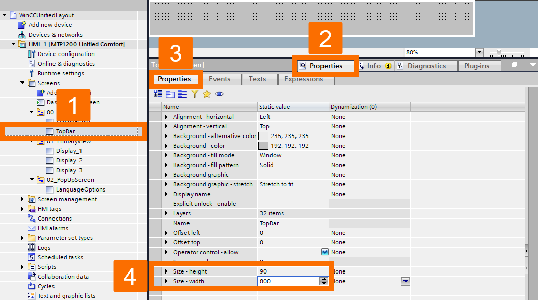 Figure 2.7: WinCC Unified screen layout - Adjusting screen dimension of TopBar screen