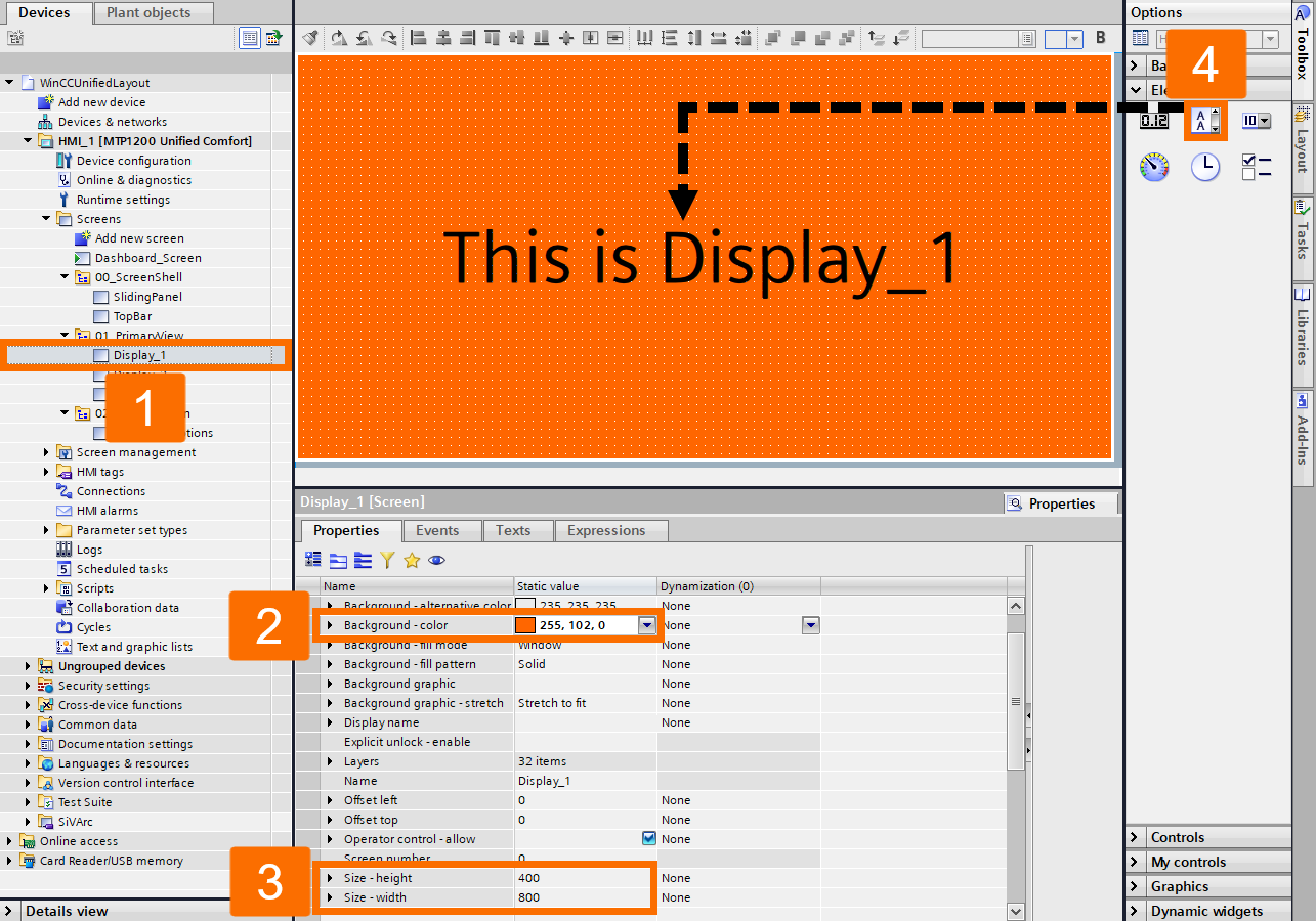 Figure 2.9: WinCC Unified screen layout - Customizing Display_1 screen