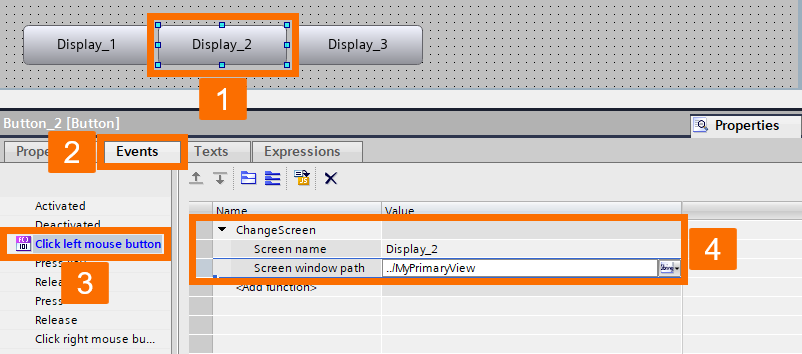 Figure 3.2: WinCC Unified navigation - Setting up the ChangeScreen function for the Display_2 button