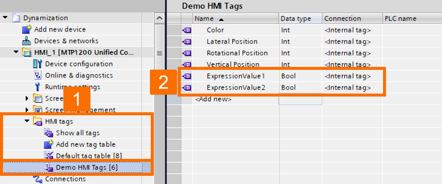 Figure 5.1: WinCC Unified dynamization - Defining Boolean tags for expressions