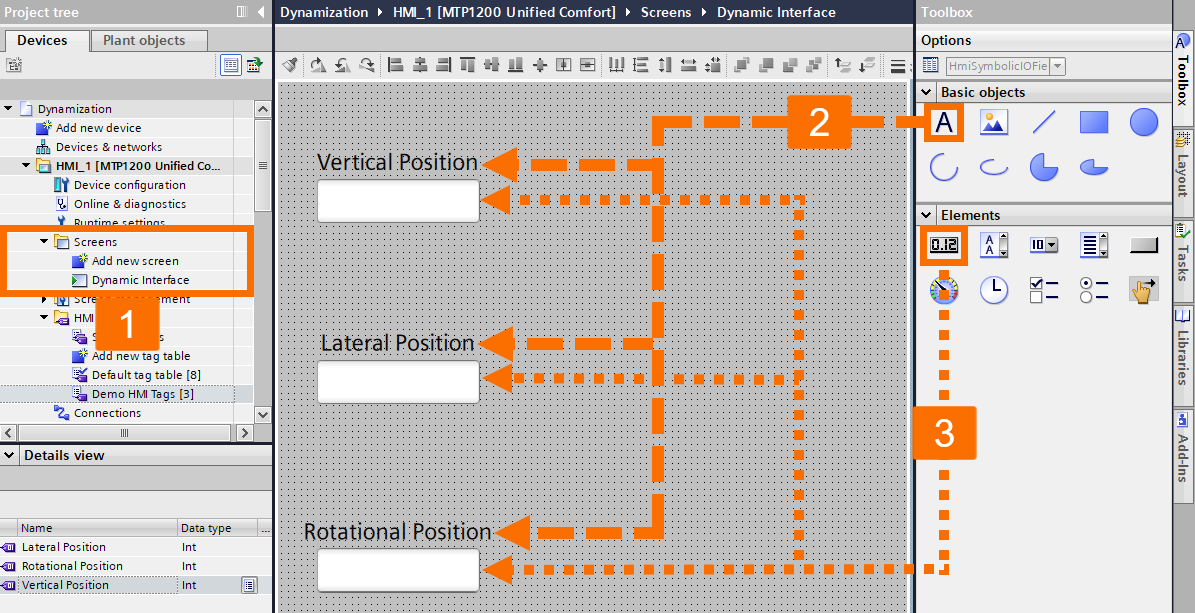 Figure 2.4: WinCC Unified dynamization - Setting up the HMI canvas