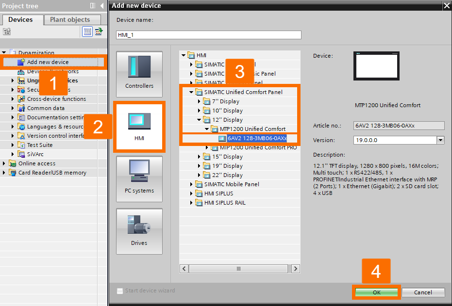 Figure 2.1: WinCC Unified dynamization - Adding a SIMATIC Unified comfort panel