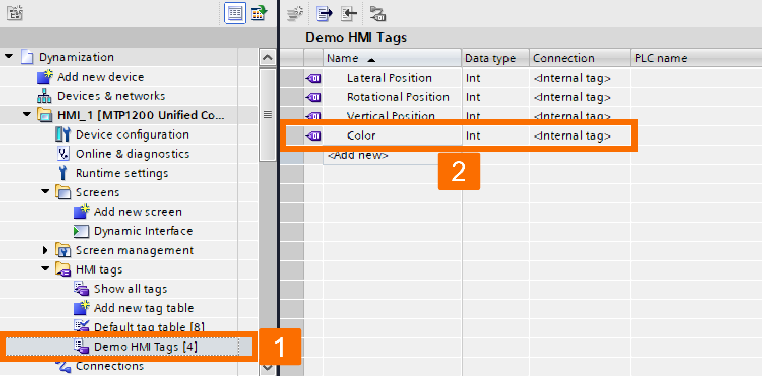 Figure 3.5: WinCC Unified dynamization - Creating a color control tag