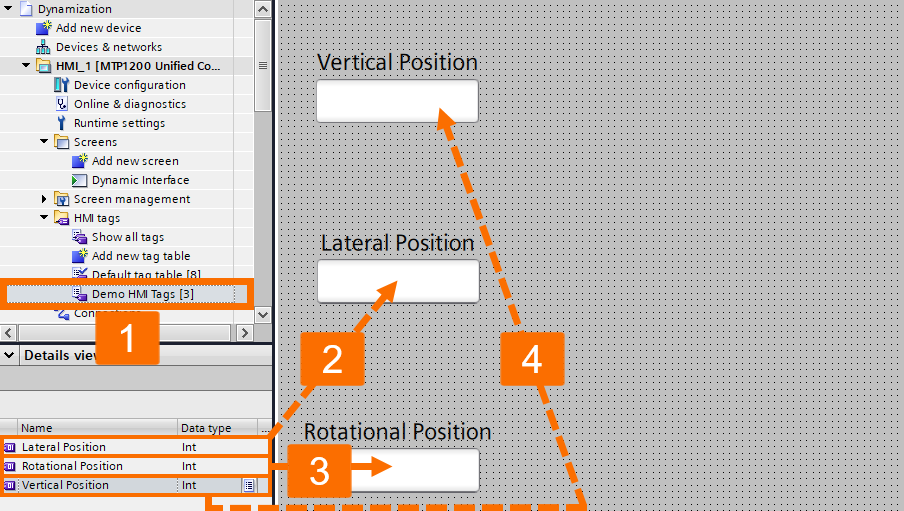 Figure 2.5: WinCC Unified dynamization - Linking tags to IO fields